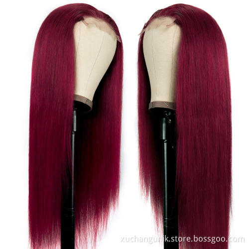Uniky Brazilian real 100% Colored Raw Virgin human virgin hair hd Transparent human 99J Red Burgundy Deep wave curly lace wig